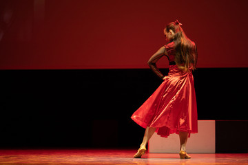 Dancer in a red dress dancing Spanish flamenco on the stage in the theater