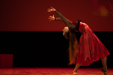 Dancer in a red dress dancing Spanish flamenco on the stage in the theater