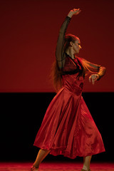 Dancer in a red dress dancing Spanish flamenco on the stage in the theater