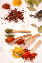 Vertical closeup of bright spices pepper, paprika, saffron, mint in wooden spoons