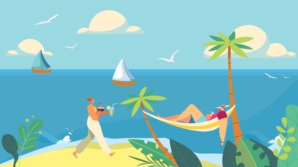 Fototapeta na wymiar Summer vacation on tropical island with luxury service, vector illustration. Seaside resort on beach, man relaxing in hammock, woman serving cocktails. Ocean beach vacation, summertime leisure people