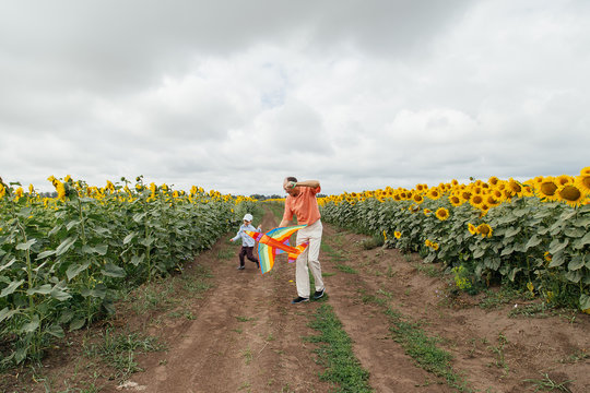 Grandfather flies a kite with his grandson in a field of sunflowers, cloudy day.
