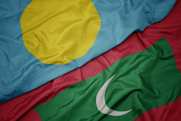 waving colorful flag of maldives and national flag of Palau .
