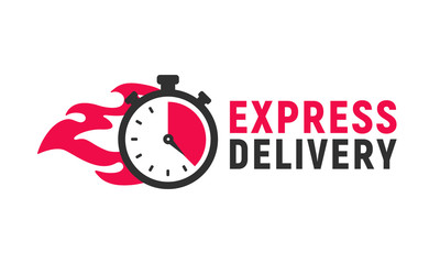 Express delivery icon with stopwatch and fire. Delivery logo, poster template. Timer icon. Fast shipping concept. Vector illustration