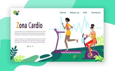 Cardio workout, women running and cycling in gym, vector illustration. Fitness center website design, weight loss program, cardio exercises. People training in gym, active leisure, healthy lifestyle