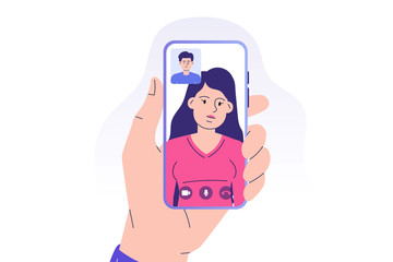 Video call concept. Young people making video call through smartphone app. Working from home. Social distancing. Remote project management. Quarantine. Vector isolated illustration