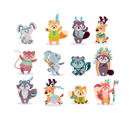 Fototapeta premium Woodland boho characters flat icon kit. Cartoon cute rabbit, fox, racoon, deer, mouse, squirrel vector illustration set. Fluffy sweet animals concept