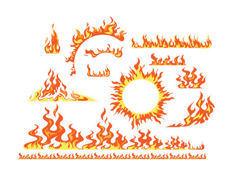 Flame elements flat icon kit. Cartoon symbol of fire and ignition vector illustration set. Horizontal pattern of blaze, hot igniting around wheel at white background
