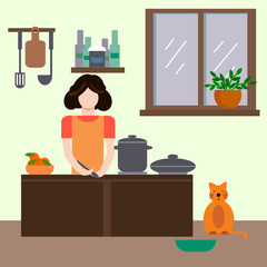 Stay home and cook food. Healthy food. The girl cooks. Vector illustration.
