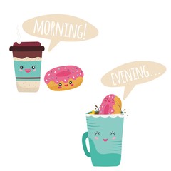 Doughnut in coffee cup, kawaii cute cartoon characters, vector illustration. Hot chocolate drink, coffee or cocoa. Funny mascot for cafe breakfast offer, kawaii coffee mug and cute donut smiling