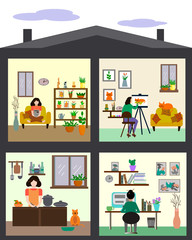 Staying home. Homework. What to do at home. Vector illustration. 