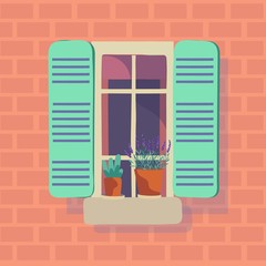 Vector illustration of open window with green shutters and flower pots on orange brick home wall. Cartoon house element. Cute summer outdoor flat design. Architect's exterior of modern street