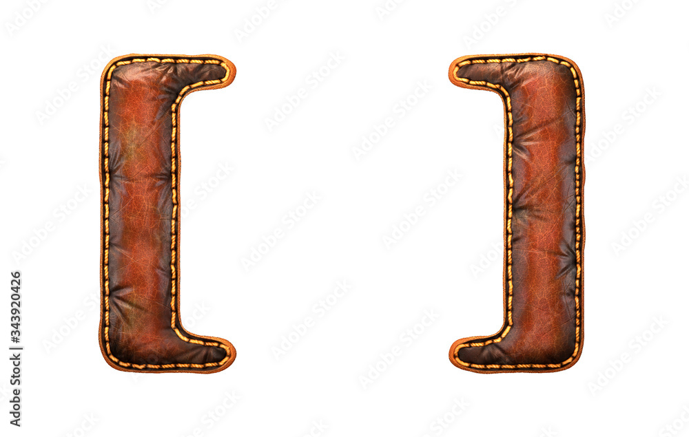 Fototapete set of symbols left and right bracket made of leather. 3d render font with skin texture isolated on 