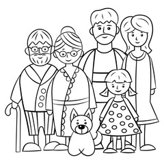A family of five and a dog, coloring page