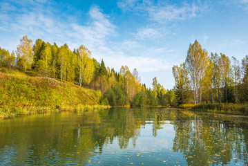 Fototapeta na wymiar River in a delightful autumn forest at sunny day