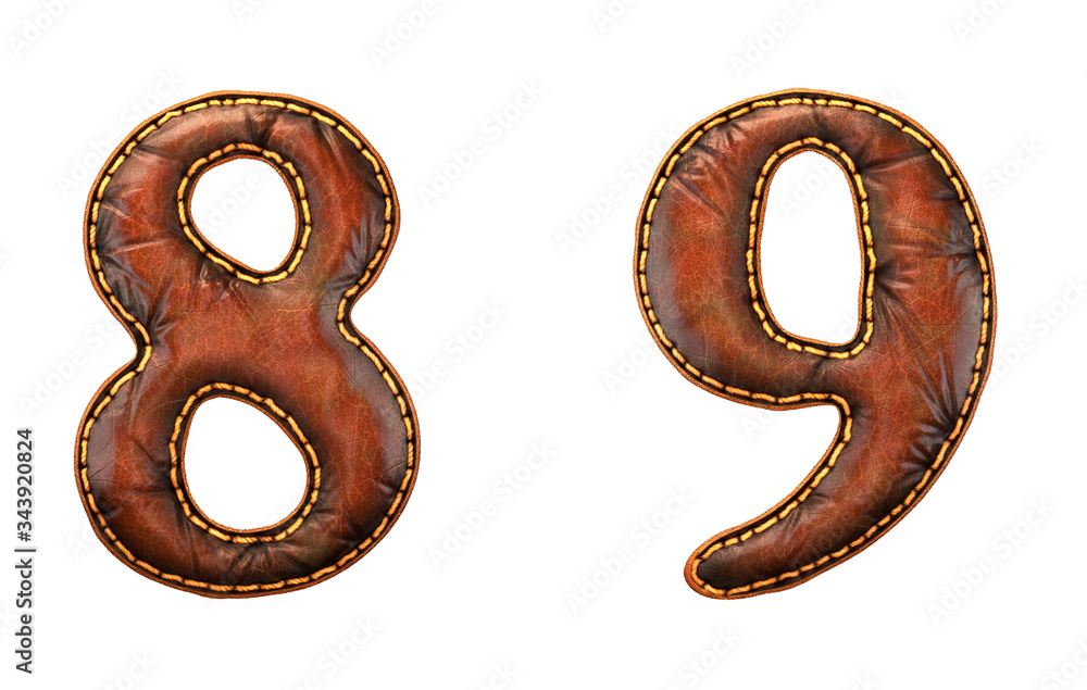 Fototapete set of numbers 8, 9 made of leather. 3d render font with skin texture isolated on white background.
