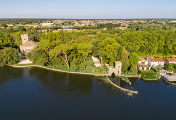 Fototapeta premium Aerial view of Torre del Lago Puccini, Viareggio in province of Luca, Tuscany