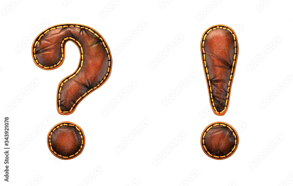 Fototapete set of symbols question mark and exclamation mark made of leather. 3d render font with skin texture 