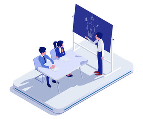 Obraz na płótnie Canvas Discussion of business idea and startup process, people characters concept and vector illustration on white background. Male and female characters, business and work analysis. Isometric 3d style.