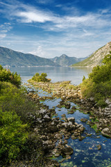 Sunny view of beautiful village Orahovac on Kotor Bay, Montenegro.