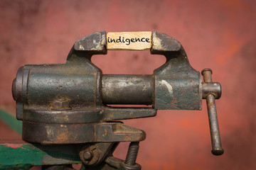 Vice grip tool squeezing a plank with the word indigence
