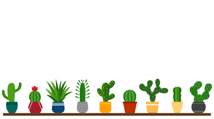 Background with cactuses in pots, vector illustration