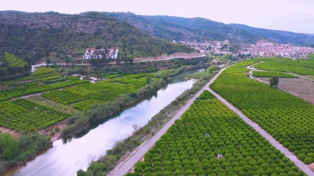 aerial view of the Jucar  river in the hills of the  sumacarcer town