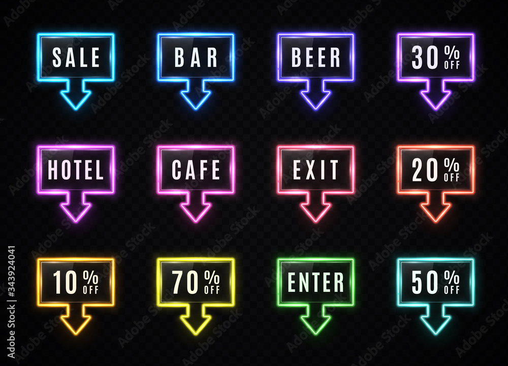 Poster neon rectangle arrow banner set on dark transparent background. glowing square light frame design wi