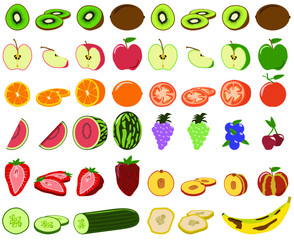 Obraz premium All sorts of fruits - 4 views per fruit: 1-intersection 2D, 2-slice 3D, 3-half of the fruit 3D, 4 whole fruit 3D