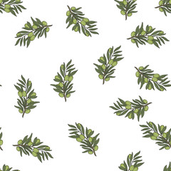 Olive branch color seamless pattern background sketch engraving vector illustration. T-shirt apparel print design. Scratch board imitation. Black and white hand drawn image.