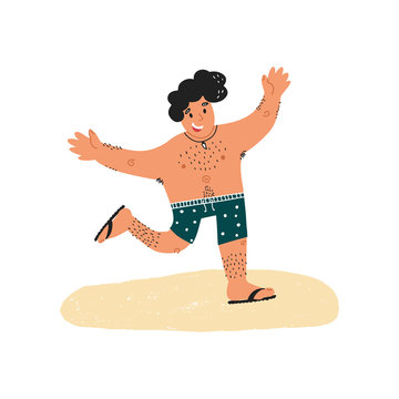 Fun hand drawn young happy smiling guy in polka dot swim briefs and shark tooth necklace running on the sand with his hands up. Flat vector illustration on isolated background.