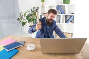 facial expression. Stress and Pressure at Workplace. Business man holding hammer. Frustrated office...