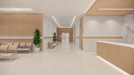 3d rendering. Interior hospital modern design . Counter and Waiting area  Empty Reception Medical practice concept.4k