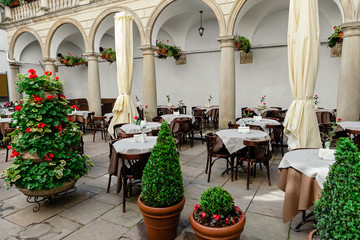 Italian courtyard in Lviv in the style of the Italian Renaissance on May 12, 2019 in Lviv, Ukraine