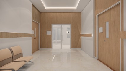 3d rendering. Interior hospital modern design . Counter and Waiting area  Empty Reception Medical practice concept.4k