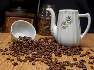 The image, aroma and flavor of coffee. Arrangement with coffee and accessories.