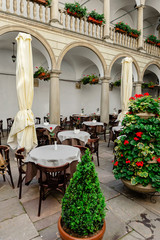 Italian courtyard in Lviv in the style of the Italian Renaissance on May 12, 2019 in Lviv, Ukraine
