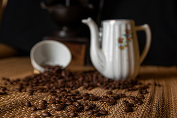 The image, aroma and flavor of coffee. Arrangement with coffee and accessories.