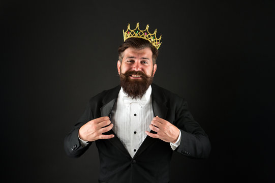 i am the best. King of style. bearded man wear golden crown. elegant man in formal wear at special event. Party king. he is vip client. Premium user concept. reward for business success. Top manager