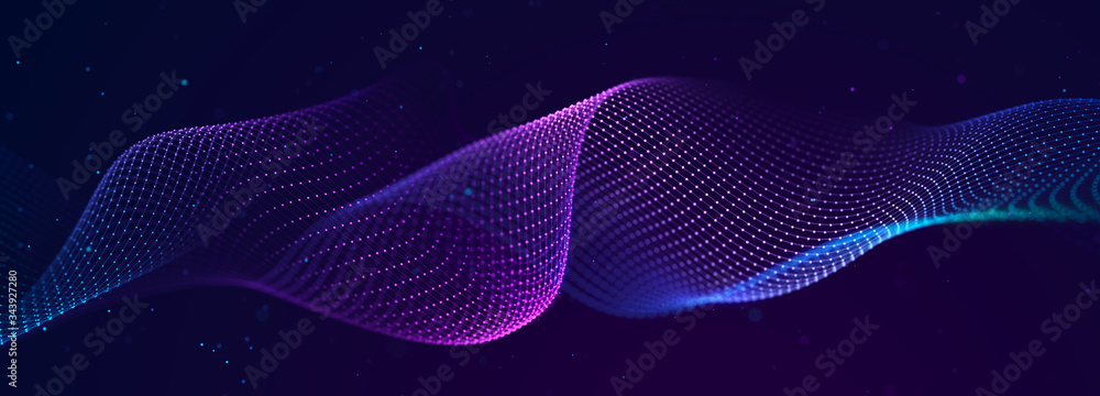 Aufkleber Futuristic wave on dark background. Colored pattern of connection dots and lines. Technology Banner. 3D Widescreen