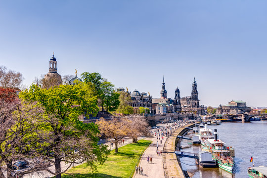 Stadtpanorama Dresden mit Frauenkirche hinter B&auml;umen im Fr&uuml;hling