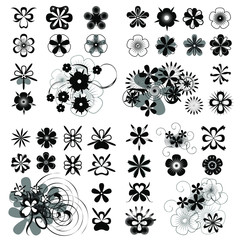 Black-white vector flowers cliparts. Can be applied as a brushes, perfect for flyers, textures, business cards, etc.