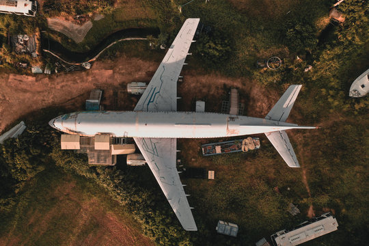 Aerial view of an abandoned plane in  Taiwan, taken topdown.