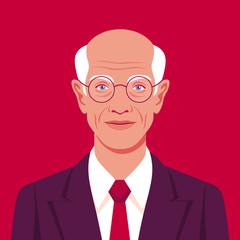 Portrait of an old businessman in a suit with a tie. Avatar of a man. Vector illustration in flat style