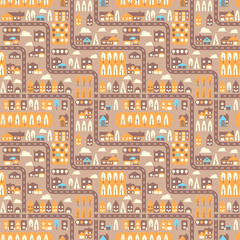 City seamless pattern top view flat design. Suburban houses and roads seamless pattern or background. Vector Illustration