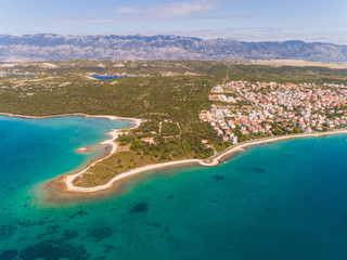 Aerial view of Novalja coastal line during the summer, island Pag, Croatia.