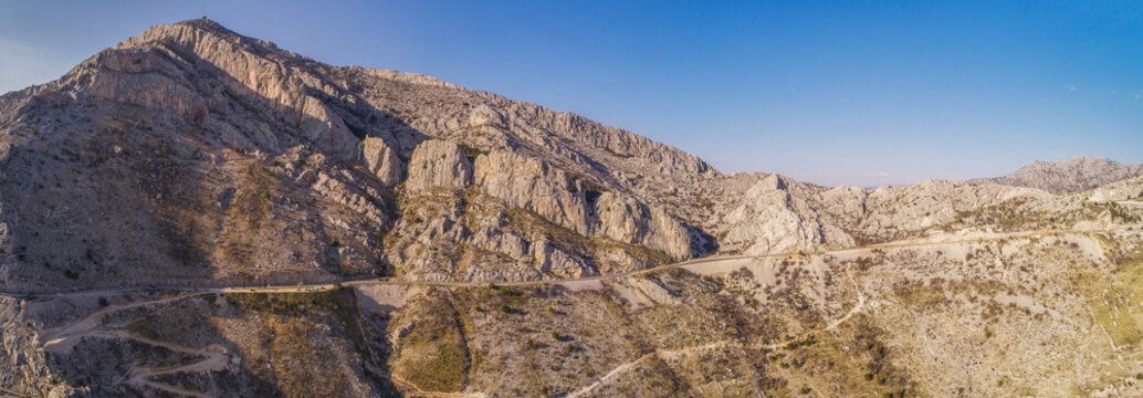 Aerial view of popular landmark Vruja near Makarska with Biokovo mountain and Adriatic sea, Croatia.