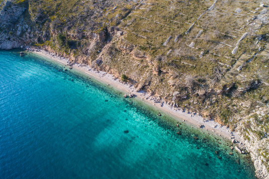 Aerial view of popular landmark Vruja near Makarska with Biokovo mountain and Adriatic sea, Croatia.