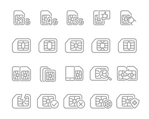 Set of SIM card line icons. 3G, 4G, 5G - network, mobile internet, EMV chip, cards slot, phone chip and more.