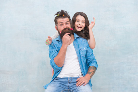 Going Crazy Being Locked Down In Quarantine. Family Leisure Concept. Girl Dad Hairdo. Quarantine With Children. Happy Family. Happy Childhood. Upbringing Happy Daughter. Daughter Playing With Hair